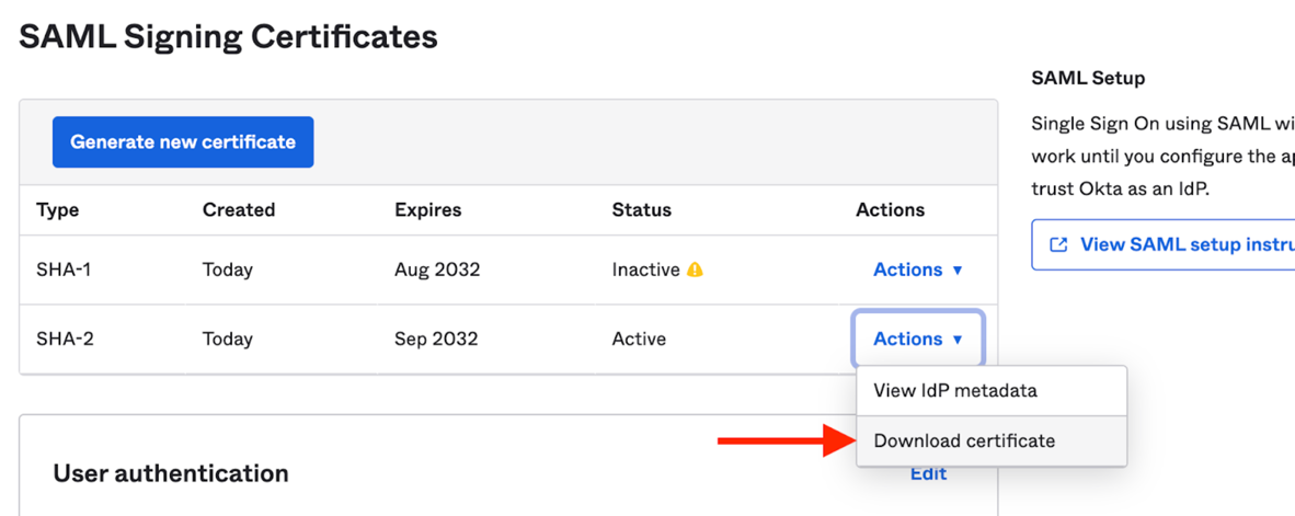Download active SAML signing certificate